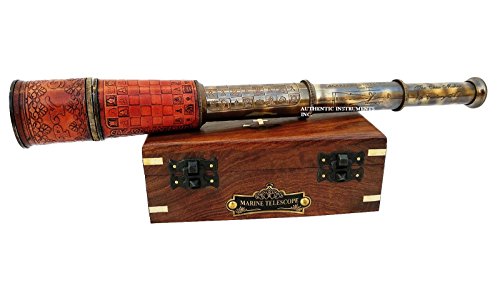 US HANDICRAFTS Télescope en laiton avec boîte en bois, marin, capitaine, bateau, cadeau (14" Spyglass, The Echecs Maker) Cover