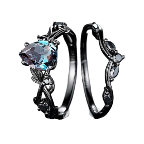 2pcs Stylish Alloy Rings with Aquamarine Stones Accessories for Anniversaries