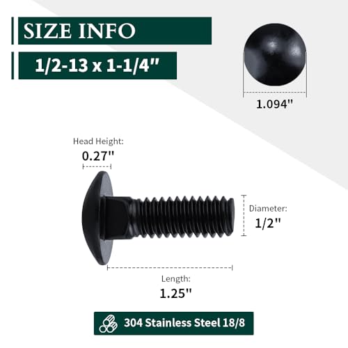 Image of 1 /2-13 x 1-1 /4 inch Black Steel Carriage Bolts, 304 Stainless Steel 18-8, Round Domed Head Square Neck Carriage Bolts Screws, Coarse Thread UNC, 8 PCS