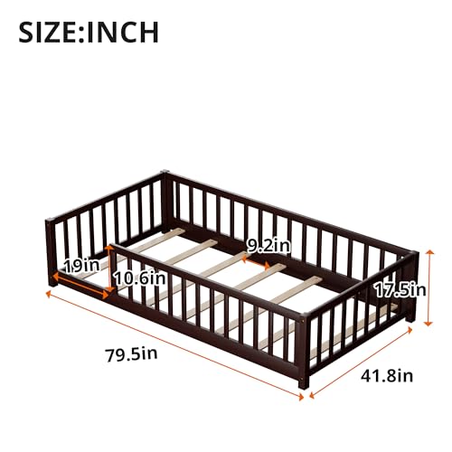 LLS Twin Floor Bed for Children, Durable Montessori Floor Bed with Sturdy Slats and Safety Fence, Solid Wood Floor Bed Frame for Girls Boys and Teens, Espresso (Without Door)