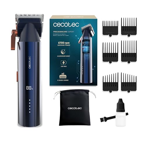 Cecotec Cortapelos con Motor Brushless Digital PrecisionCare Expert Elite. 6700rpm, 2 Velocidades, 6 Peines Guía, Cuerpo de Aluminio, Autonomía 2h, Ajuste de Longitud 0.8-2mm, Bolsa Transporte