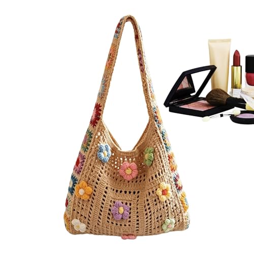 Bolsos De Ganchillo para Mujer,Bolso Floral Boho Hecho A Mano - Bolso De Floral - Para El Diario, Citas, Vacaciones De Verano, Viajes, Festivales Musicales Cumpleaños Niñas y, Caqui.,
