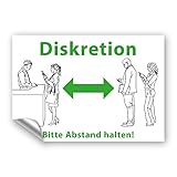 Aufkleber Diskretion - Bitte Abstand halten! Warnhinweis UV-beständig & wasserfestes PVC - 300x195 mm - auch für Außen (grün)