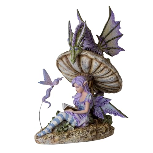 Pacific Giftware A Storyteller Purple Fairy Accompanied by Pixie Fairy and Dragon Nested On A Toadstool Mushroom Sculpture 9 Inch Tall by Amy Brown (Light Purple Fairie with Dragon)