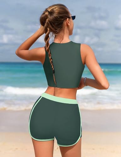 Girls Swimsuit 3 Piece Color Block Zipper Front Bathing Suit Bikini Set with Shorts Sporty Girls' Swimwear 7-16 Years4