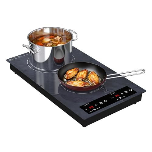 GTKZW Plaque Induction 2 Feux 3000W, Domino Plaque de Cuisson Électrique Encastrable ou Pose Libre avec 9 Niveaux et Minuterie, Réchaud Portable pour...