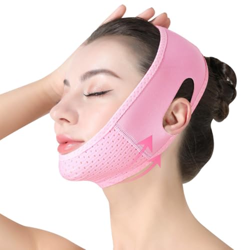 AIYVELU Lift Mask, V Mask Cheek Chin Lift Band, Reusable Double Chin Reduction Chin Strap, Face Bandage, Facial Lift Bandage, Anti-Ageing and Face Compression Chin (Pink)