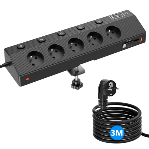 Multiprise Française avec USB PD 30W, Prise de Table avec 5 Prises Secteur et 5 USB, 4000W avec Individuel Interrupteur, Parafoudre et Surtension, Mult Prise pour la Maison et Le Bureau (3M, Noir)