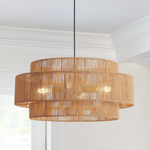 Image of 3-Tier Large Rattan Chandeliers, 23.6in Boho Coastal Pendant Lights, Hand Woven Hemp Rope Lighting Fixture, Wicker Hanging Ceiling Light for Living Room, Dining Room, Bedroom, Kitchen Island