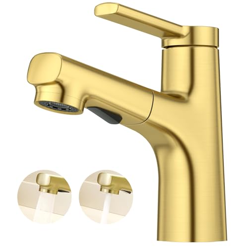 CREA Robinet Salle de Bain avec Douchette Extractible, Robinet de Lavabo Mitigeur et Deux Modes D’écoulement D'eau, Levier Mélangeur Monotrou Laiton...