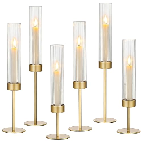 Image of 6PCS Glass Fluted Candle Holders Ribbed,Gold Hurricane Candle Sticks Holder