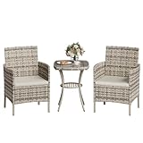 Amopatio Rattan Gartenmöbel Set, Balkonmöbel Set Kleiner 3 teilig, Outdoor Gartenlounge Wetterfest, Bistrotisch mit 2 stühlen, Terrassenmöbel für Terrasse, Balkon, Garten,Bräunen