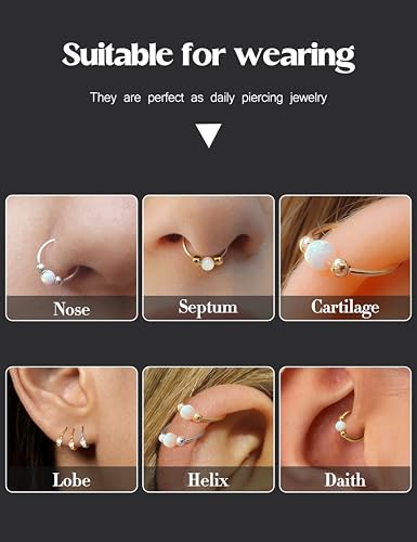Diamday Nose Rings Hoops Opal Nose Piercings Surgical Steel Nose Hoop Thin Hypoallergenic Gold/Silver Nose Rings for Women/Men Septum Helix Cartilage Daith Rook Tragus lip Hoop Earrings 16G/18G/20G6 - Image 4