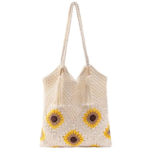 iSamzan Crochet Beach Bag for Women: Handmade Sunflower Tote with Boho Fringe, 2026 Summer Vacation Shoulder Purse