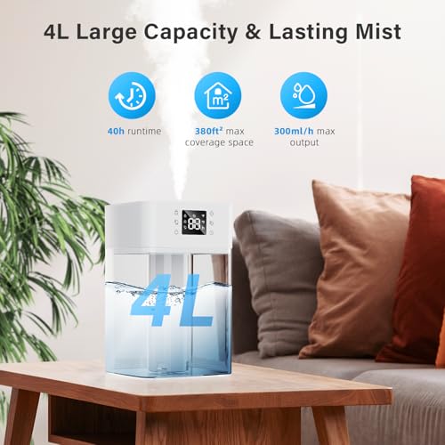 JRD 4L Humidifiers for Bedroom, Cool Mist Humidifier for Large Room, 40H Runtime, 360° Nozzle, Night Light for Home, Office, Baby Nursery, Plants-Blue White by JRD - Image 3