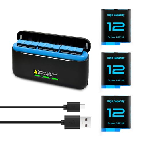 3 baterías de 2580 mAh para GoPro Hero 12/Hero 11/Hero 10/Hero 9 con 3 canales tipo C estación de carga