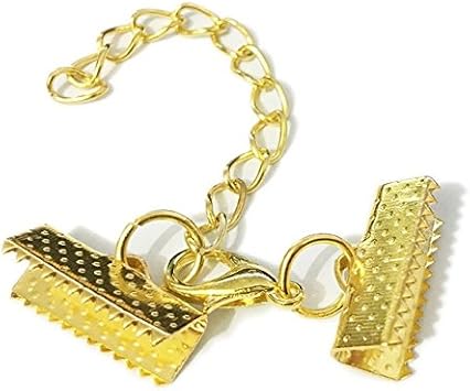 10 Set Ribbon Clamp Crimp Ends Beads Pinch with Lobster Claw Swivel Clasps Extension Chain Jump Rings Cords End Caps String Flat Leather Clip Foldover Necklace Bracelet Connectors Gold Crimp 25mm