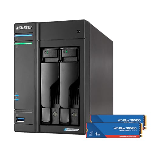 Asustor Lockerstor 2 Gen2 AS6702T with 2 x 1TB SSD (WDS100T5B0E), 2 Bay NAS, Quad-Core 2.0 GHz CPU, 4X M.2 NVMe Slots (PCIe 3.0), Dual 2.5GbE, 4GB DDR4 RAM, Network Attached Storage