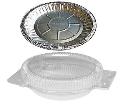 Durable Packaging International 10" Aluminum Foil Pie Pan Plate Tin 1-3/16" Deep w/Clear Plastic Clamshell (Pack of 50)