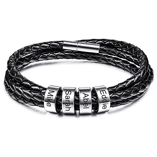 MunkiMix Personalisiertes Herren Echtes Lederarmband mit 2-6 Perlen Edelstahl Gravierte ID Geflochtene Armbänder Magnetverschluss für Paare Männer Freund Familie Geschenke