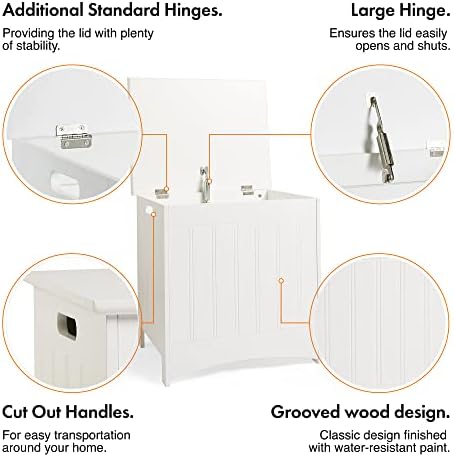 VonHaus Laundry Bin - White Laundry Basket w/Hinged Lid - Washing Basket for Bathroom - Laundry Hamper w/Cut Out Handles - Sturdy & Durable Wash Bin for Bedroom - 30kg Capacity - Shaker Style
