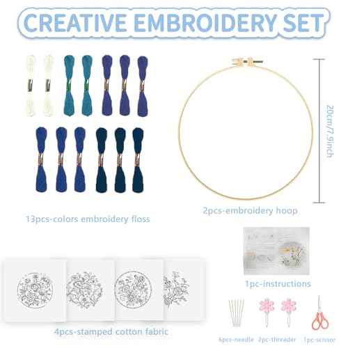 Image of FREEBLOSS 4 Set 12'' Embroidery Kit for Beginners Indigo Flowers Border Pattern Embroidery Kit with Instructions Full Kit of Embroidery Cloth 2 Embroidery Hoops Indigo Blue Series Flosses