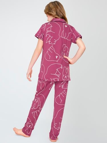 Image of ZEYO Night Suit for Girl's Polar Bear Printed Cotton Night Dress of Shirt and Pajama Set 5533