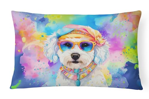 Caroline's Treasures DAC2465PW1216 Bichon Frise Hippie Dawg Fabric Decorative Pillow Machine Washable, Indoor Outdoor Decorative Pillow for Couch, Bed or Patio, 12HX16W