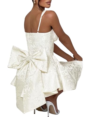 Image of LuFeng Womens Sweetheart Neckline Satin A-line Spaghetti Straps Jacquard Mini Dress Bow Sleeveless Cocktail Prom Dress