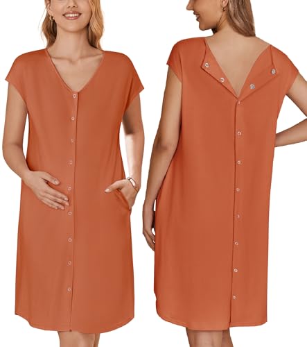 Image of Ekouaer Labor/Delivery/Hospital Gown Nursing Nightgown Maternity Sleepwear With Pockets Postpartum Gowns with Button S-XXL