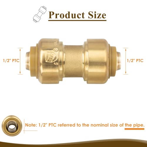 Juwo 1/2 Inch Pushfit Straing Coupling, Pex Fitting For Copper, Cpvc Pipe, Brass Push To Connect Plumbing Fitting With Upgraded Stiffener thumb #1