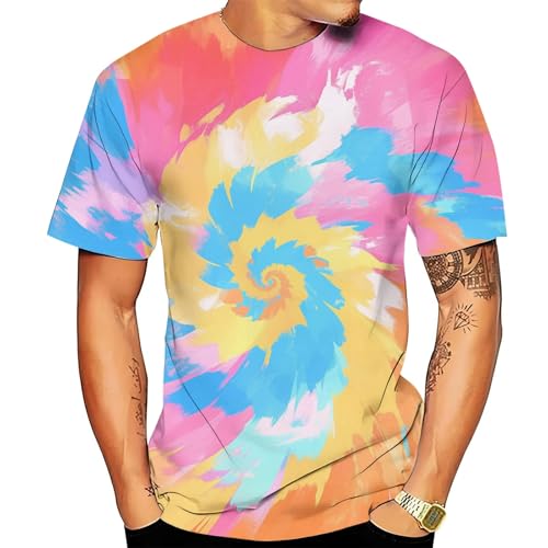 Image of Cotton T Shirts for Men UK Tie Dye Print Crew Neck Vintage Tees Summer Casual Short Sleeve Tops Light and Breathable Gym Sports T-Shirt Classic Regular Fit T-Shirts (Pink,XXXL)