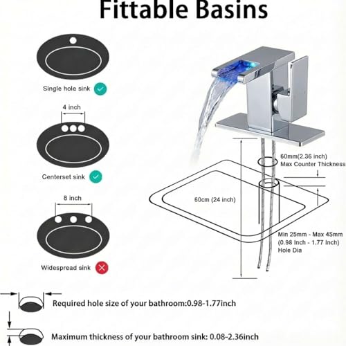 Image of AVSIILE LED Bathroom Sink Faucet, Chrome, Waterfall, Side Handle