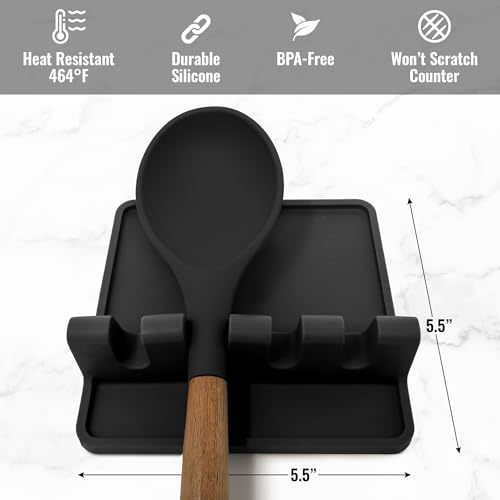 Zulay Silicone Utensil Rest with Drip Pad for Multiple Utensils, Heat-Resistant, BPA-Free Spoon Rest & Spoon Holder for Stove Top, Kitchen Holder for Spoons, Ladles, Tongs(Night Black)