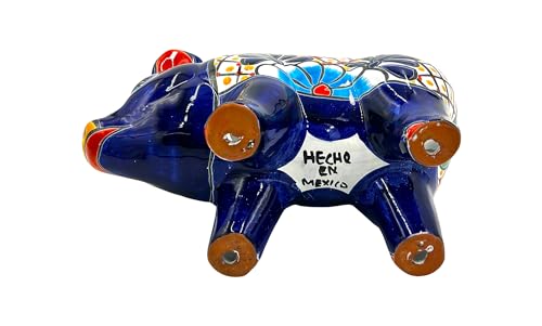 Cactus-Canyon-Ceramics-PUERCUITO-Pig-Mexican-Talavera-Planter-Pot-5-D-x-13-W-x-9-H-Hand-Painted-Dark-Blue-Trim-Mexican-Decor-Planter-Piglet