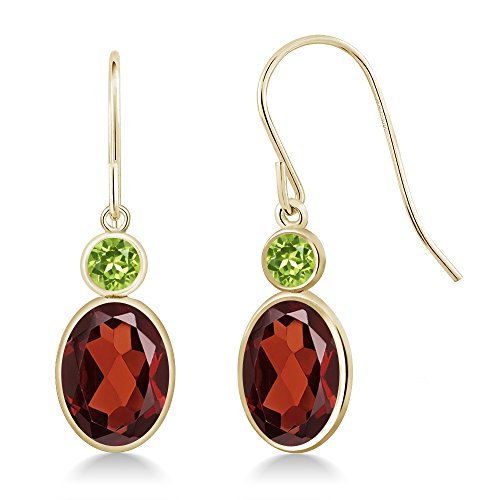Gem Stone King 14K Yellow Gold Red Garnet and Green Peridot Hook French Fish Ear Wire Dangle Earrings For Women (3.04 Cttw, Gemstone January Birthstone, Oval 8X6MM, Round 3MM)