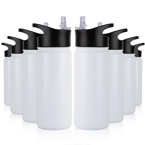 VQRRCKI 16 oz Insulated Water Bottle Bulk 8 Pack, Straw & Spout Lid, Keep Cold 24H, Spill Proof, BPA-Free, Double Wall, Stainless Steel Kids Water Bottles for School, Sports, White