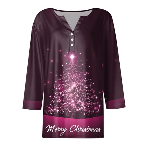 Christmas T Shirts for Women 3/4 Sleeve V Neck Button Down Blouses Vintage Holiday Print Comfy Casual Xmas Outfits3
