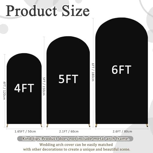 Image of FOTSHARER Set of 3 Wedding Arch Covers 4FT 5FT 6FT Black Arch Backdrop Cover 2-Sided Spandex Arched Fabric Cover Round Top Backdrop Covers Balloon Arched Stand Cover for Party Bridal Shower Ornaments