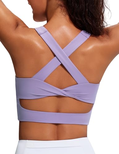 JOYSPELS Stunning Criss-Cross Back Sports Bra, Buttery Soft Longline Yoga Tank Top with Removable Padding, Padded Open-Back Workout Top for Pilates, Barre & Medium-Impact Gym Light Purple