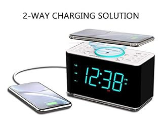 Emerson ER100401 Smartset 15Watt Ultra Fast Wireless Charging Dual Alarm Clock Radio with Bluetooth Speaker, USB Charger, Cyan LED Night Light and 1.4" Display
