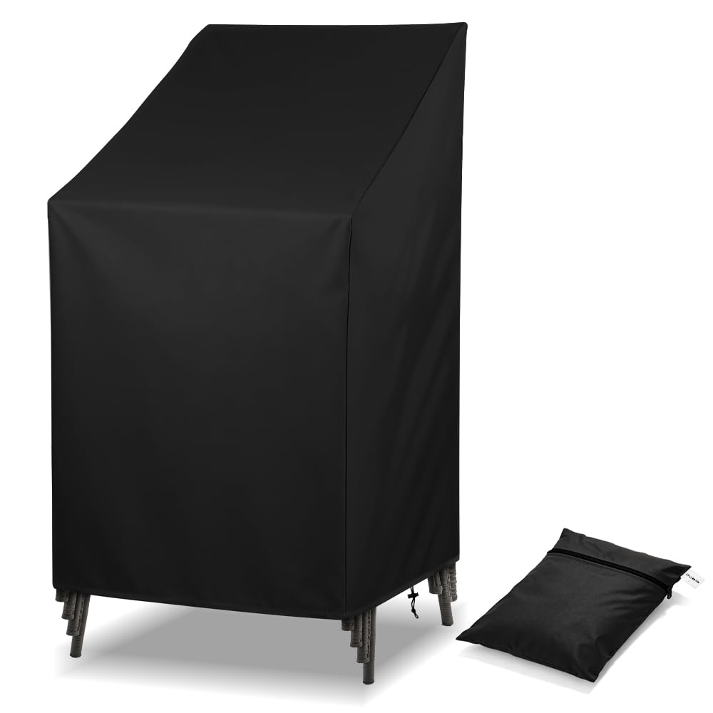 Gartenstuhl Abdeckung, 65x65x80/120cm Schutzhülle für Stapelstühle Winterfest, Wasserdicht & UV-beständig, Oxford-Stoff Gartenmöbel Abdeckung mit Kordelzug für Gartenstühle Balkonstühle (Schwarz)