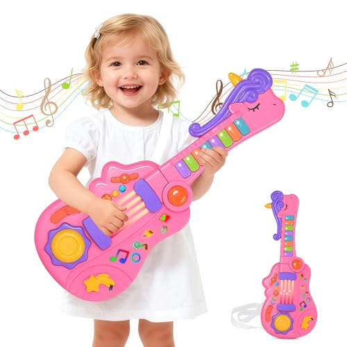M SANMERSEN 3-in-1 Toddler Guitar Toys for Kids with Piano Drum, Electric Musical Toy with Strap Light Up 3 4 5 Year Old Boys Girls Gifts