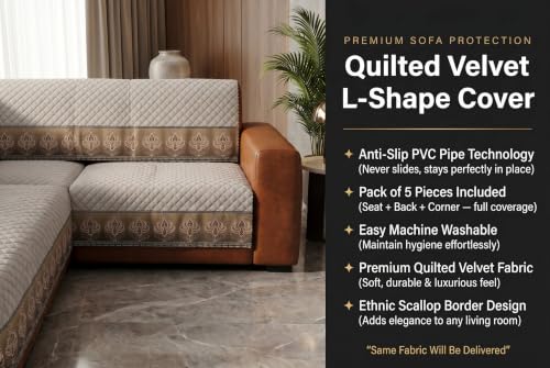 Image of KINGLY L-Shape Sofa Cover 7 Seater 4+3 Velvet Full Cover - Warm Grey | Fully covered quilted velvet slipcover, washable anti-slip furniture protector, L-type corner sofa cover for living room