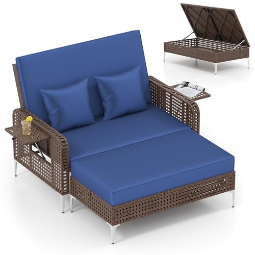 RELAX4LIFE Rattan Patio Outdoor Daybed - 2-Person Wicker Bed Lounger w/4-Level Adjustable Backrest & Folding Side Tables, Cushioned Sunbed Double Chaise Lounge, Loveseat & Storage Ottoman Set (Navy)