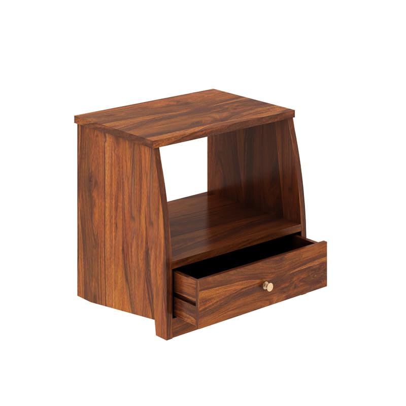 Image of Solid Sheesham Wood Bedside Table with 1 Drawer & 1 Open Shelf Storage for Bedroom, End Table, Side Table for Living Room Home (Natural Finish)