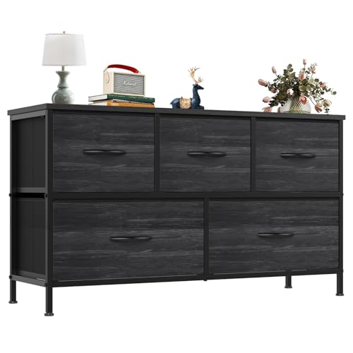 Image of OLIXIS 5 Drawer Dresser for Bedroom, Storage Organizer Unit for Closet | Chest of Drawers for Clothes Storage with Bins, Wide Fabric Bedroom Dresser, Wooden Top, Living Room, Black Wood