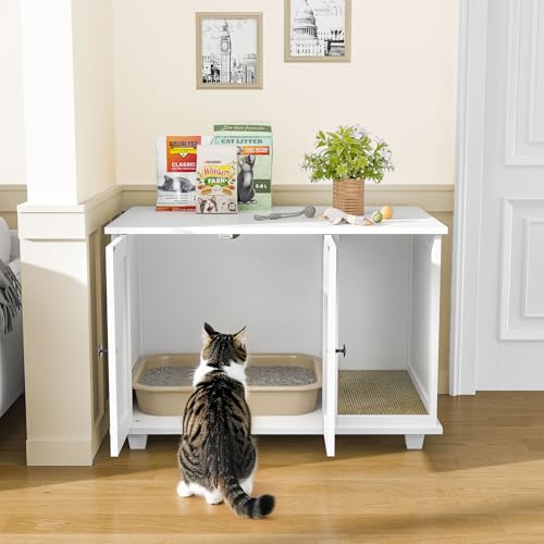 Image of Giluta Cat Litter Box Enclosure,Hidden Litter Box Furniture Cabinet with Scratching Pad,Wooden Pet House Side End Table for Living Room Washroom,31.5 x 20.5 x 21.6 Inches (White)