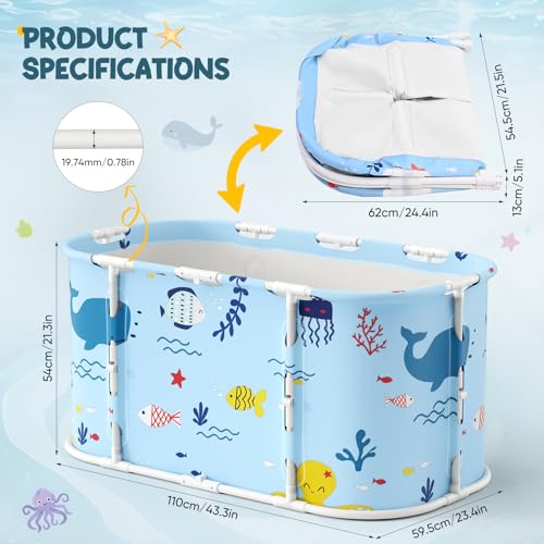 Faltbare Badewanne für Dusche, 92L x57W x 56H cm, freistehende Badewanne mit Sitz, Warmwasserdusche, Eisbad, Sauna, Massagewanne, tragbares Eisbad für Erwachsene (hellblau Ozean-Stil)