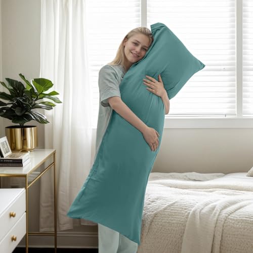 Image of Body Cooling Pillow Cases Cover, Bamboo Rayon Pillowcases with Zipper Closure, Cool and Breathable Pillow Case for Hot Sleepers and Night Sweats, 20x54 inches, Teal